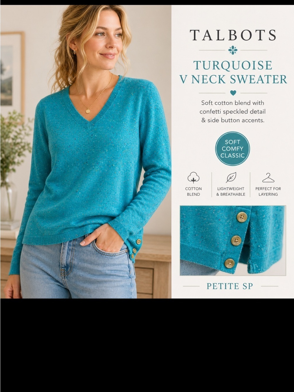 Talbots Womens Size SP Turquoise V Neck Confetti Speckled Cotton Blend Sweater